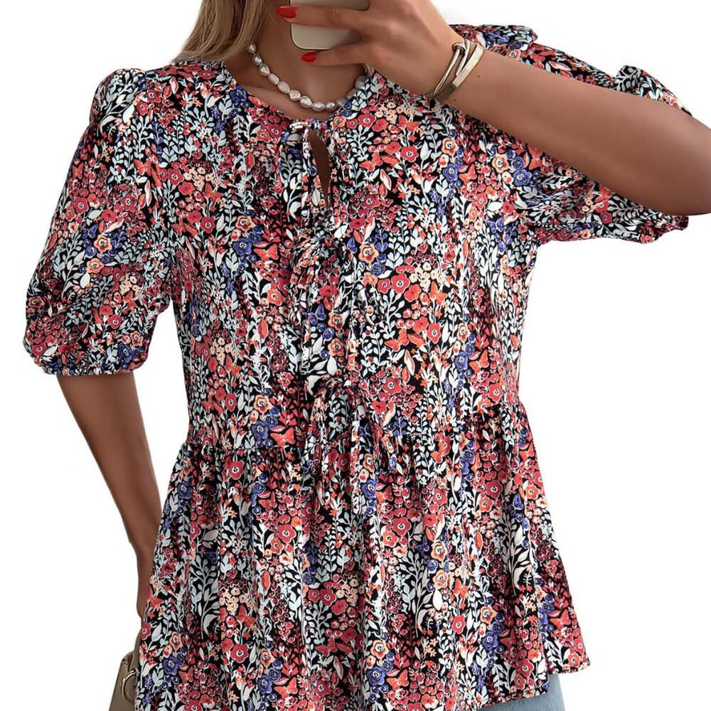 L Floral Flowy Peplum Puff Short Sleeve Shirt